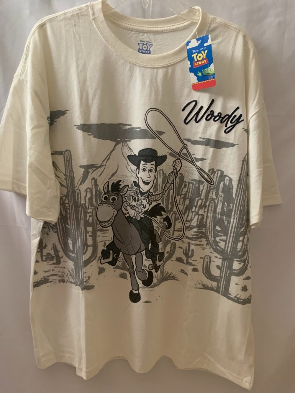 DISNEY PIXAR Toy Story Woody Riding Bullseye Short Sleeve Tee in Ivory Sz LARGE